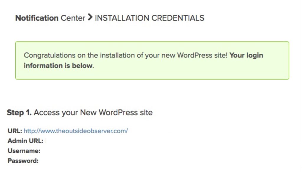 Wordpress installation information completed 